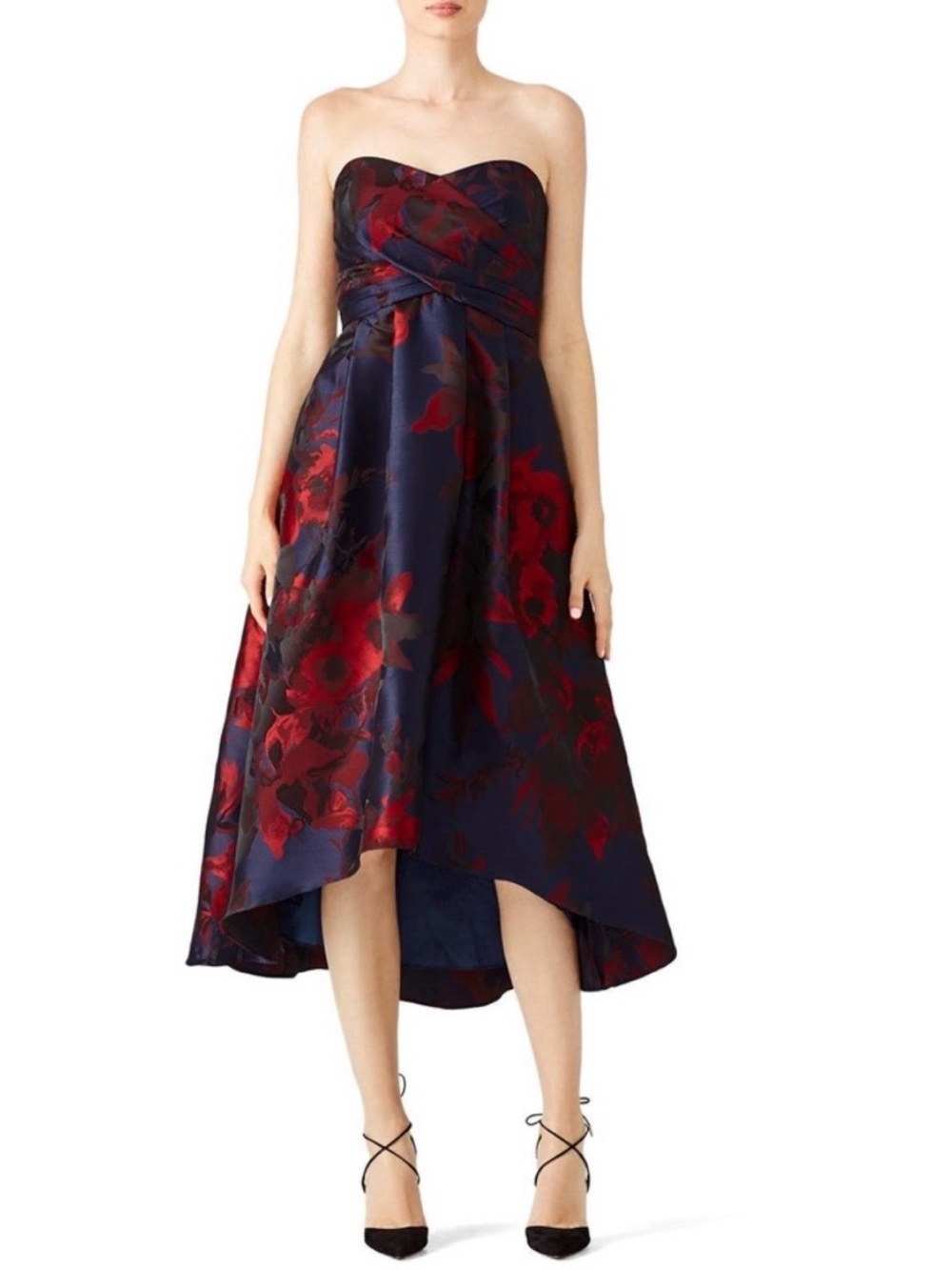 Shoshanna Midnight Strapless Sweetheart Hi-Low Floral Gown Navy Red Size 12